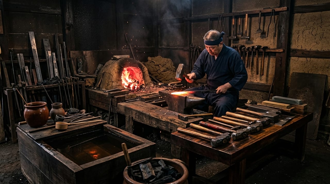 Outils et Disposition de l'Atelier d'un Maître Forgeron : Des Marteaux de Forgeage et Pierres à Aiguiser au Kaji-ba Moderne