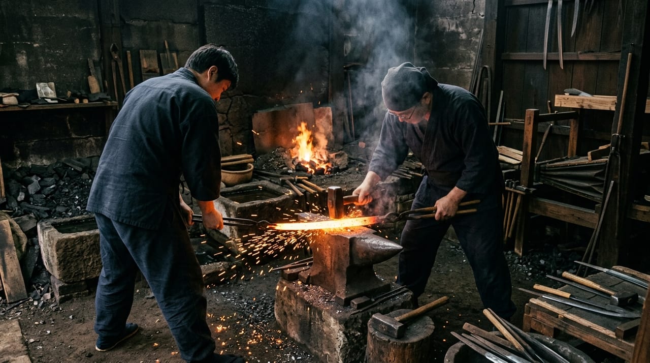 長船工房の刀鍛造作業:炎に包まれた砧で刀身を鍛える職人