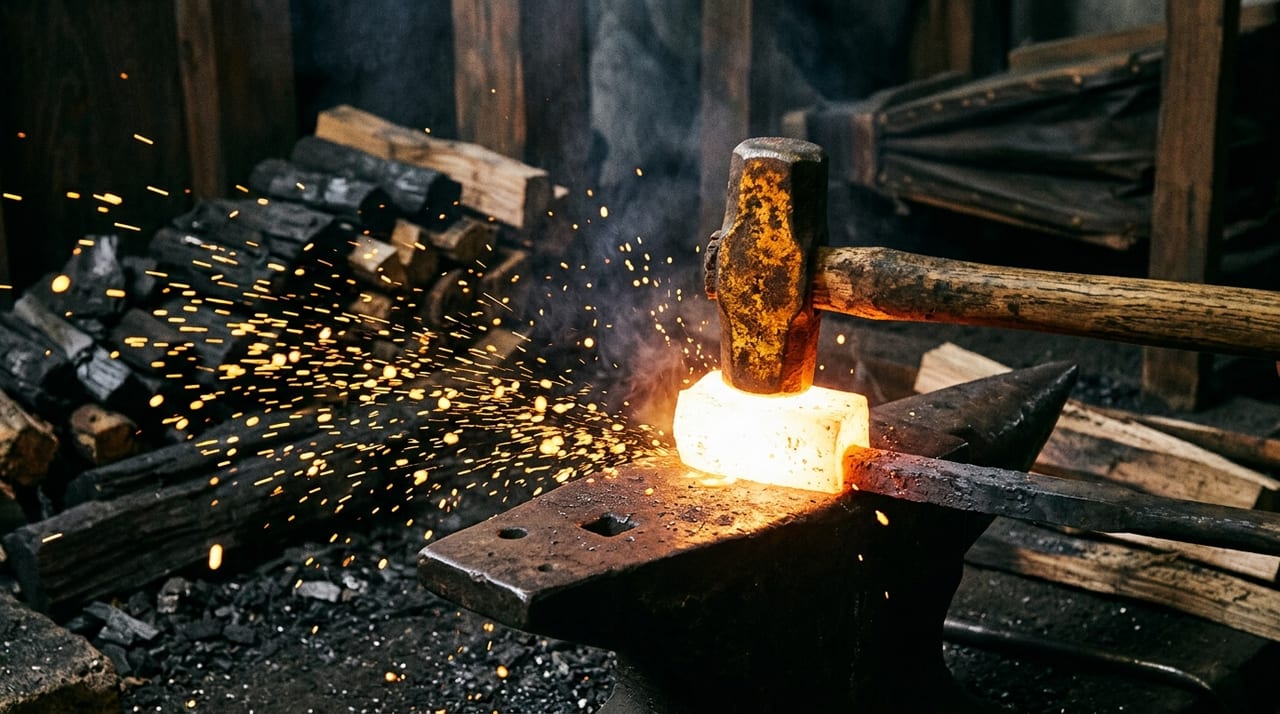 加熱した玉鋼を金床で叩き、黄色いスラグが飛散する瞬間